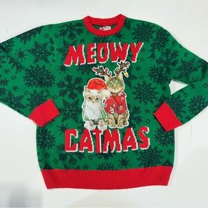 Party Sweater Meowy Catmas Christmas Sweater Adult Size L Green Red Holiday
